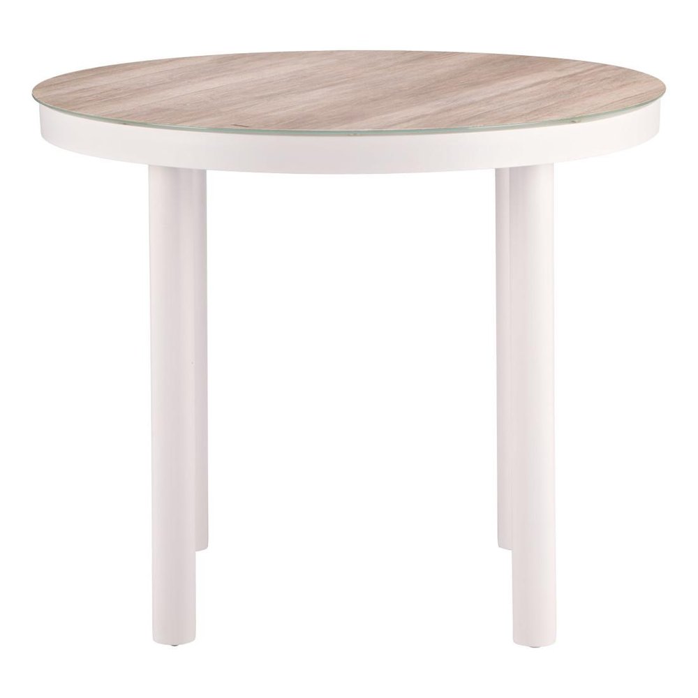 36" Natural and White Glass Wood and Aluminum Round Outdoor Patio Dining Table