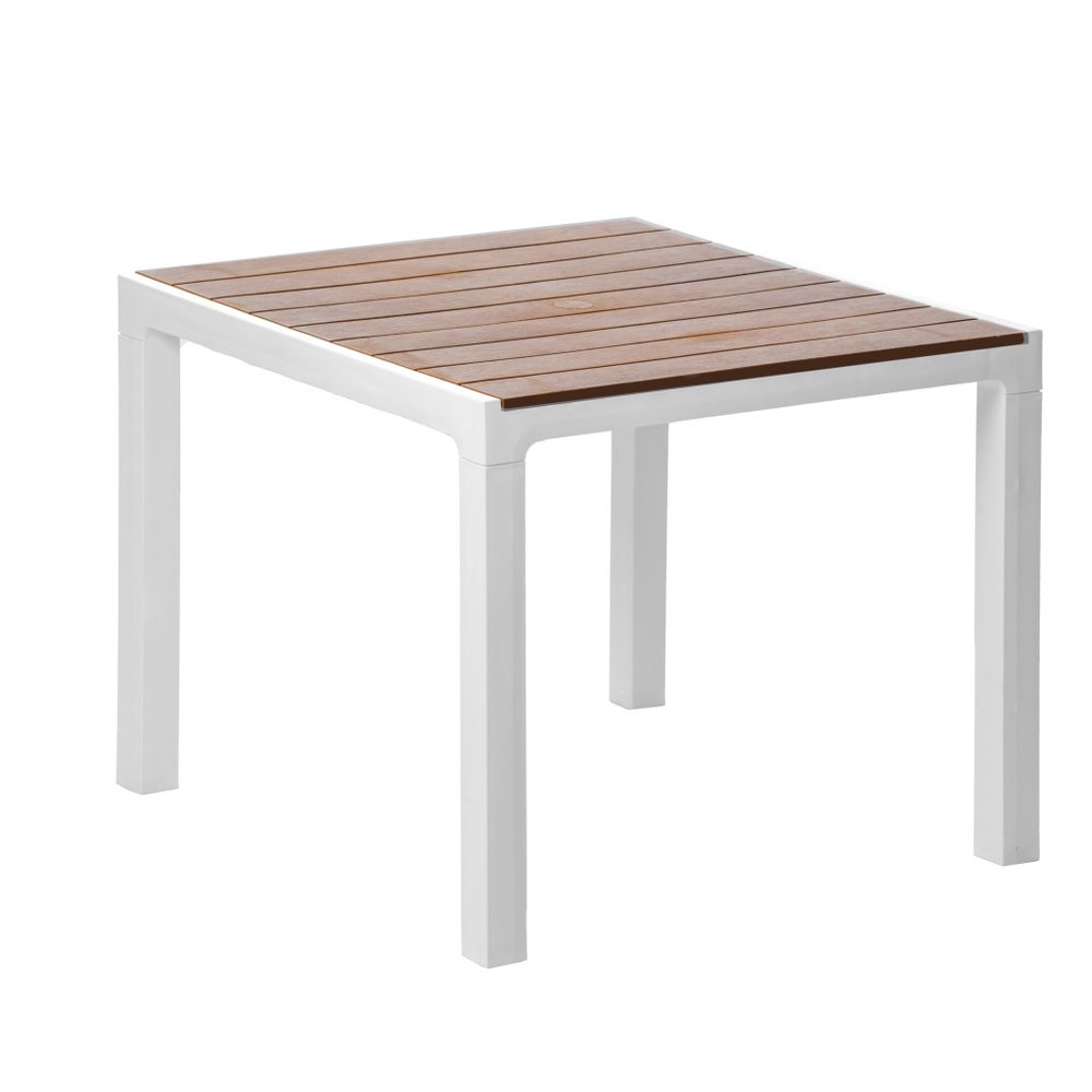 35" White Heavy-Duty Plastic Square Outdoor Patio Dining Table with Umbrella Hole