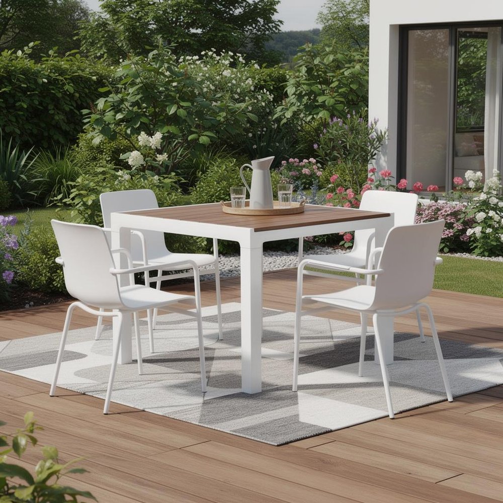 35" White Heavy-Duty Plastic Square Outdoor Patio Dining Table with Umbrella Hole