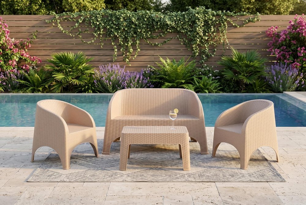 4-Piece Taupe Plastic Outdoor Patio Conversation Set with Table