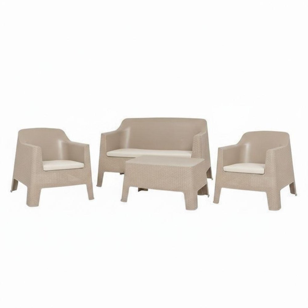 4-Piece Taupe and Beige Plastic Upholstered Cushions Outdoor Patio Conversation Set with Table