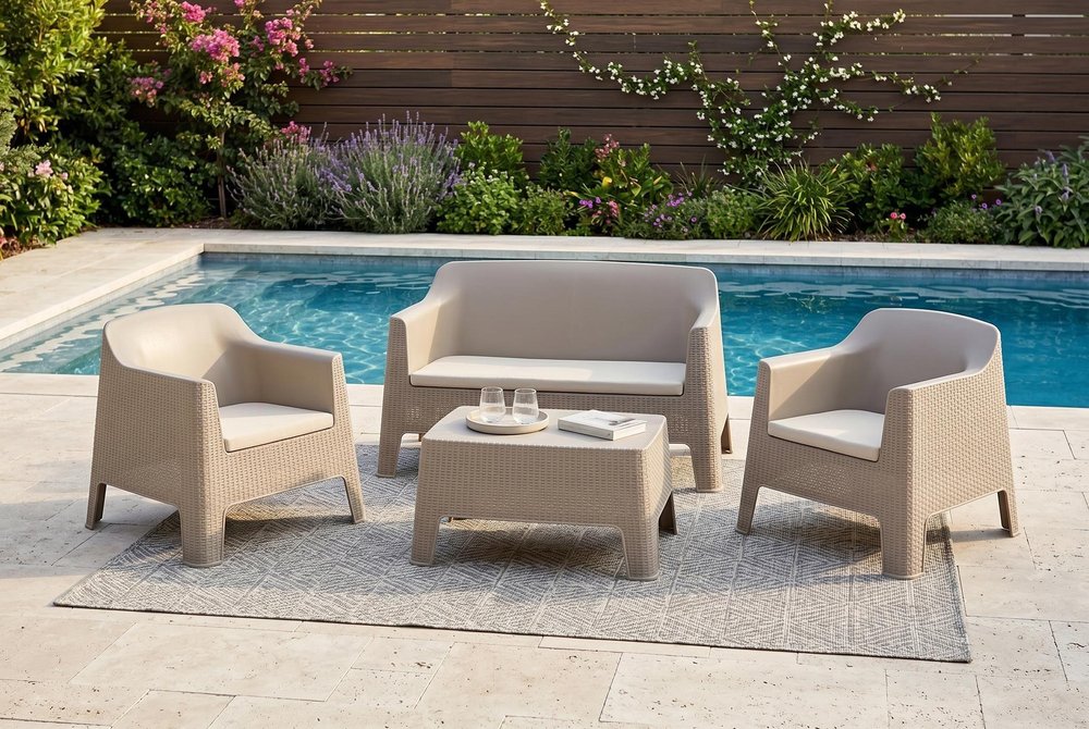 4-Piece Taupe and Beige Plastic Upholstered Cushions Outdoor Patio Conversation Set with Table