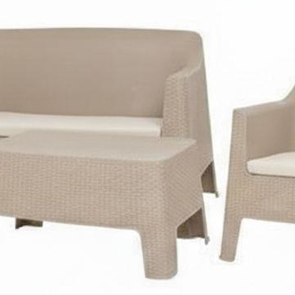 4-Piece Taupe and Beige Plastic Upholstered Cushions Outdoor Patio Conversation Set with Table