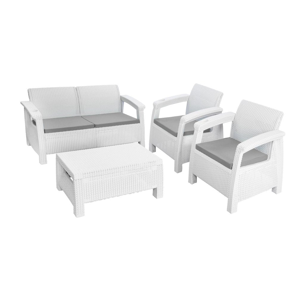 4-Piece White and Beige Plastic Upholstered Cushions Outdoor Patio Conversation Set with Table