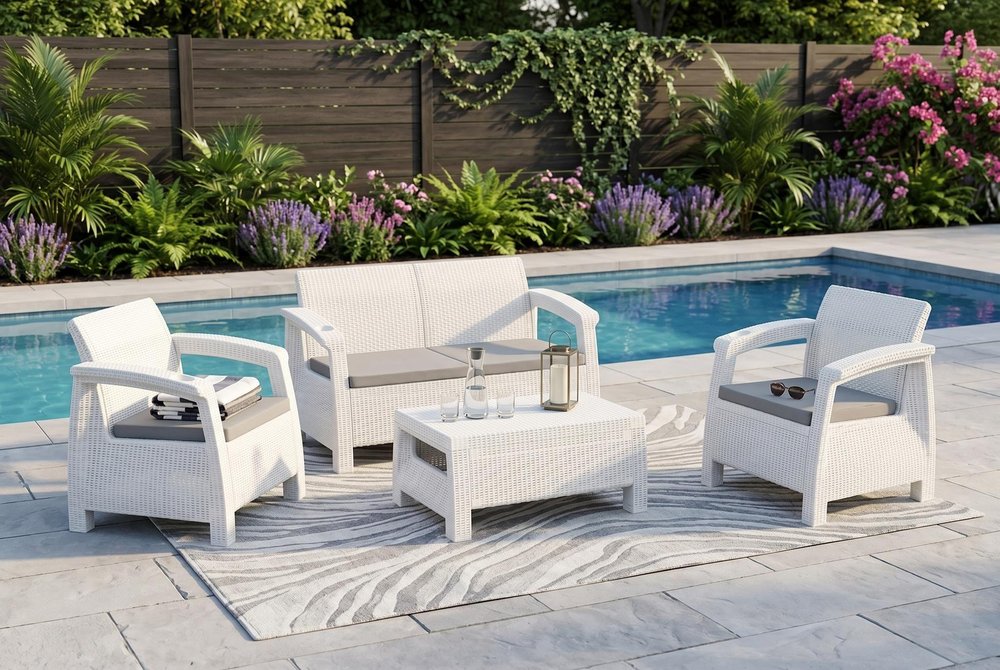 4-Piece White and Beige Plastic Upholstered Cushions Outdoor Patio Conversation Set with Table
