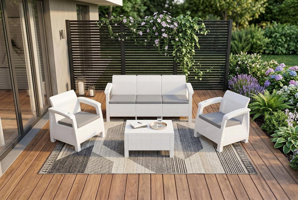 4-Piece White and Beige Plastic Upholstered Cushions Outdoor Patio Conversation Set with Table