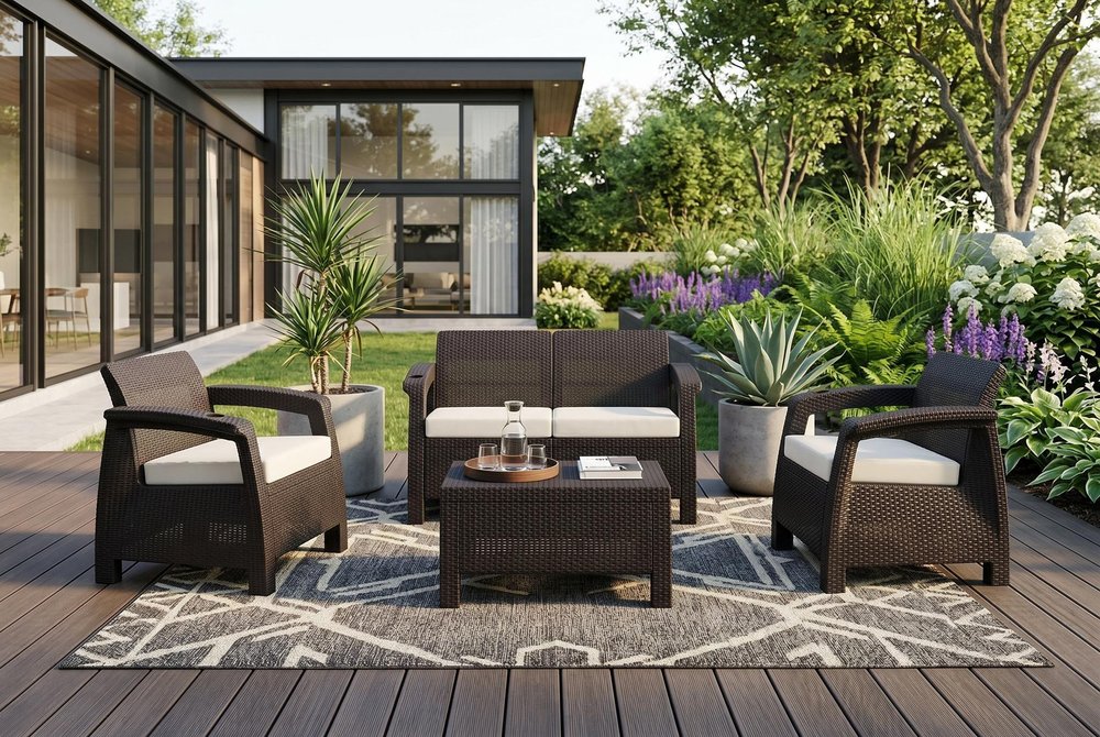 4-Piece Espresso and Beige Plastic Upholstered Cushions Outdoor Patio Conversation Set with Table