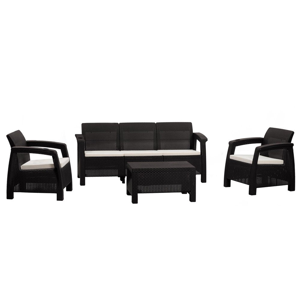 4-Piece Espresso and Beige Plastic Upholstered Cushions Outdoor Patio Conversation Set with Table