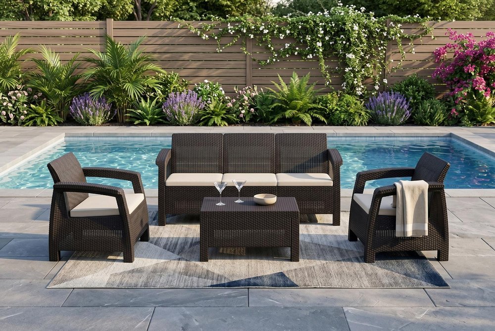 4-Piece Espresso and Beige Plastic Upholstered Cushions Outdoor Patio Conversation Set with Table