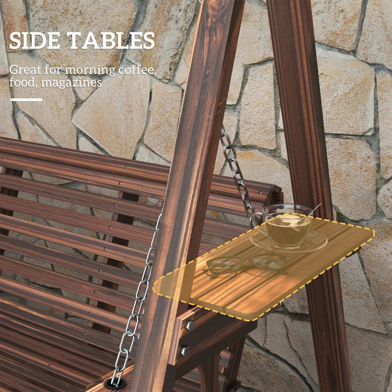 3-Seat Wooden Porch Swing with Stand & Side Tables - Outdoor Patio Swing