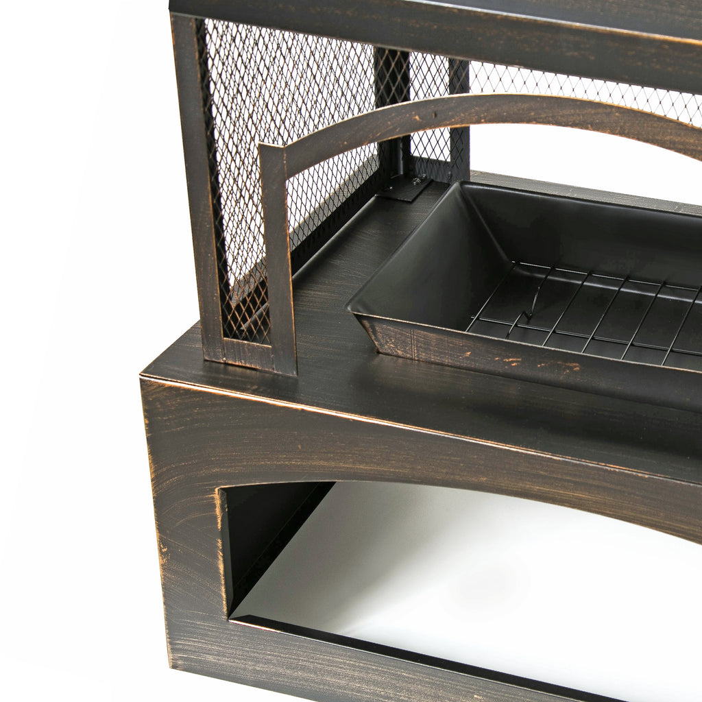 37-Inch Rectangular Metal Outdoor Wood Burning Fireplace - Outdoor Fireplace with Built-in Log Storage and Poker-Brushed Bron