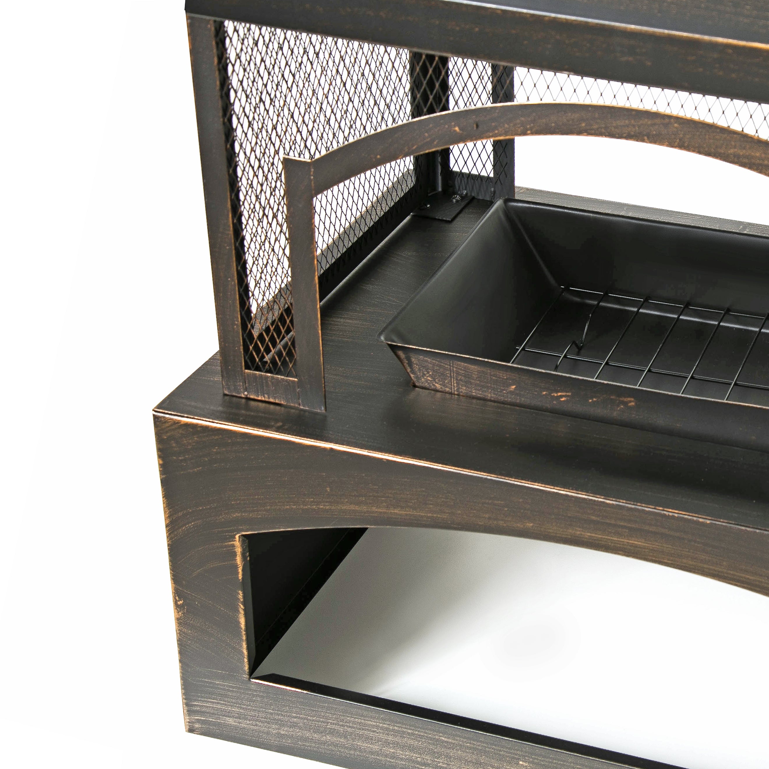 37-Inch Rectangular Metal Outdoor Wood Burning Fireplace - Outdoor Fireplace with Built-in Log Storage and Poker-Brushed Bron