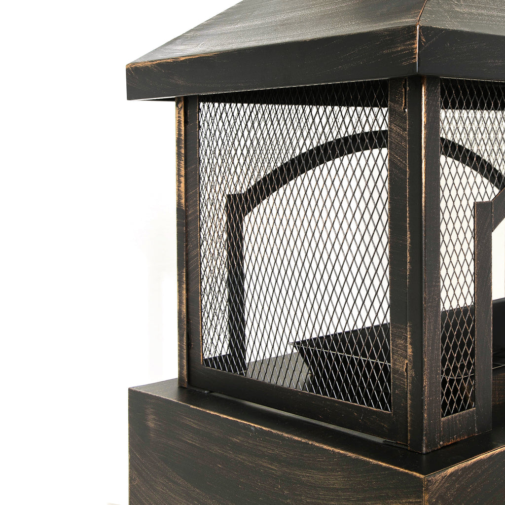 37-Inch Rectangular Metal Outdoor Wood Burning Fireplace - Outdoor Fireplace with Built-in Log Storage and Poker-Brushed Bron