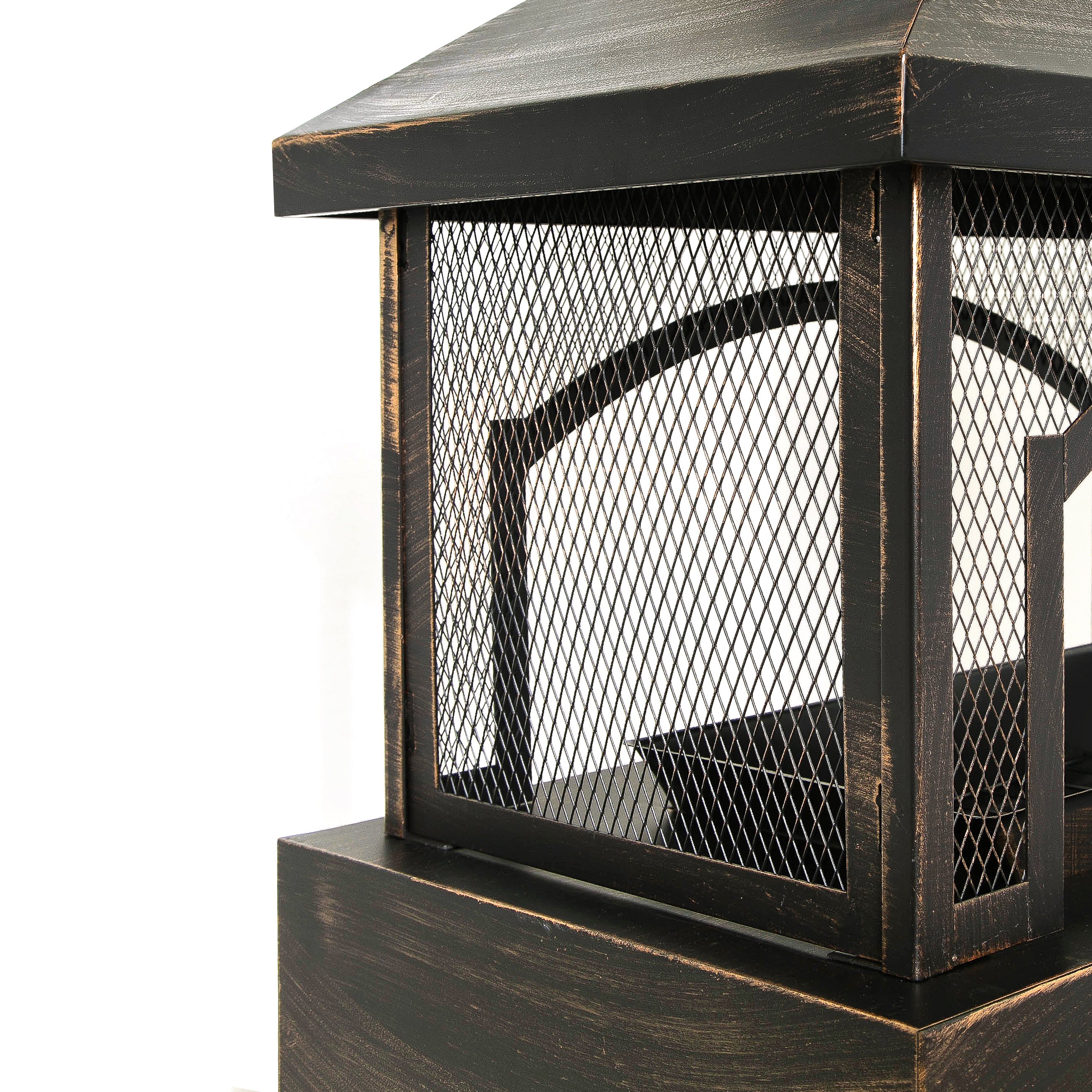 37-Inch Rectangular Metal Outdoor Wood Burning Fireplace - Outdoor Fireplace with Built-in Log Storage and Poker-Brushed Bron