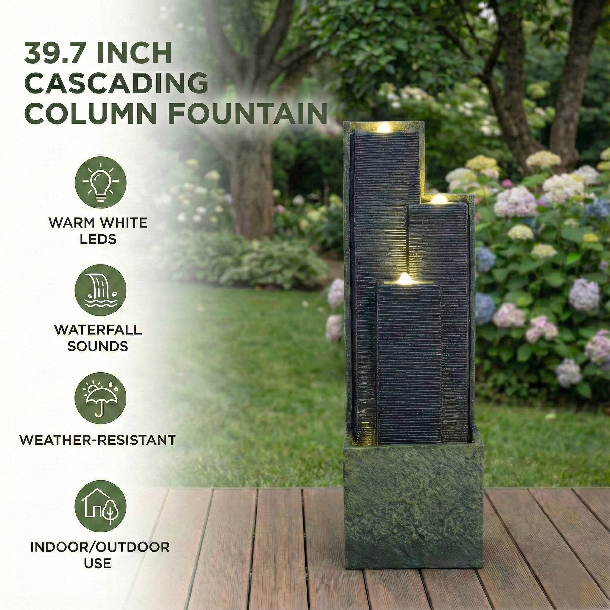 39'' H Outdoor Water Fountain with LED Lights