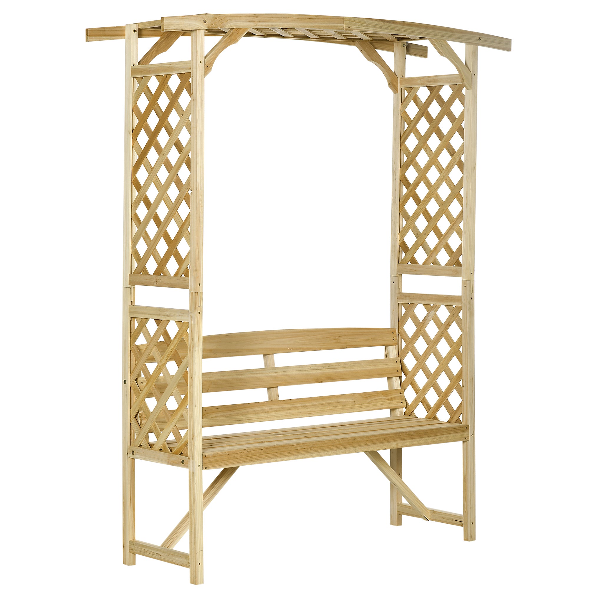 Patio Garden Bench Arbor Arch with Pergola and 2 Trellises, 3 Seat Natural Wooden Outdoor Bench for Grape Vines & Climbing Pl