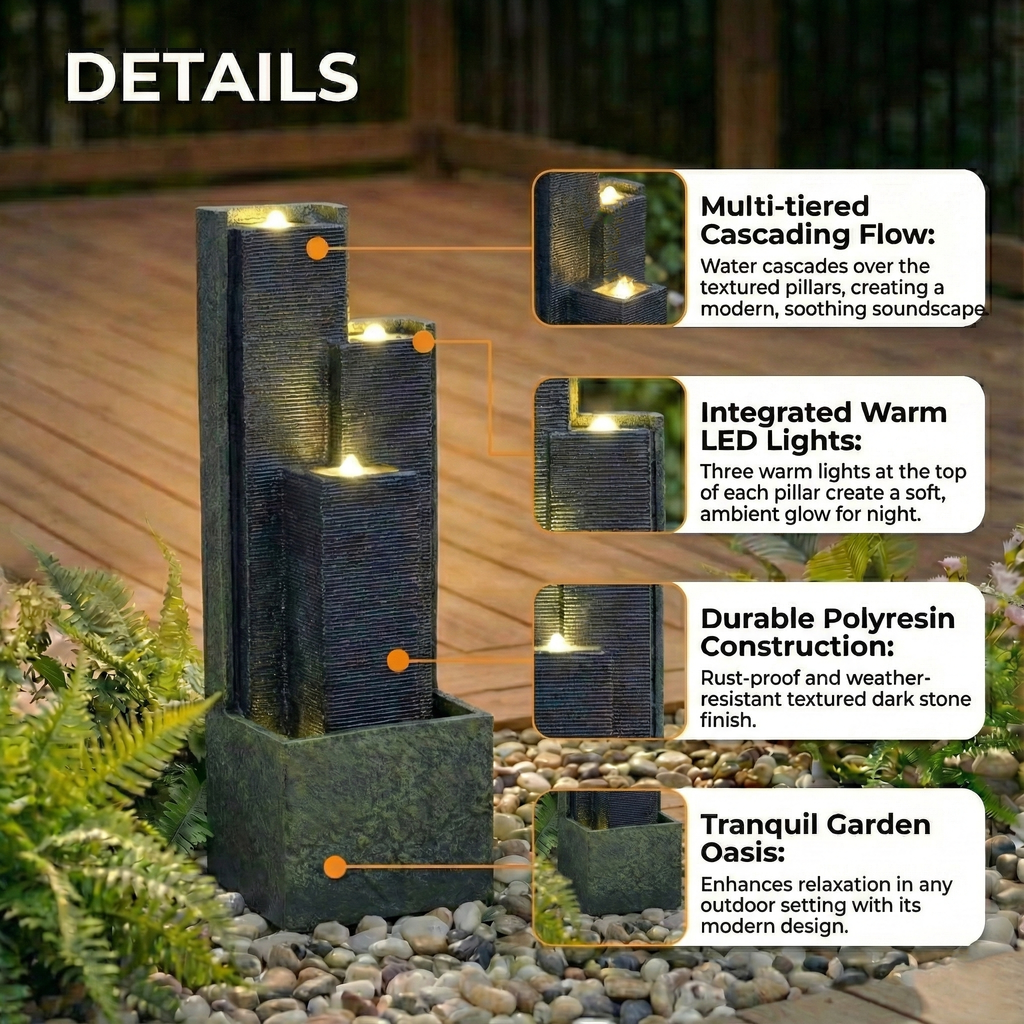 39'' H Outdoor Water Fountain with LED Lights