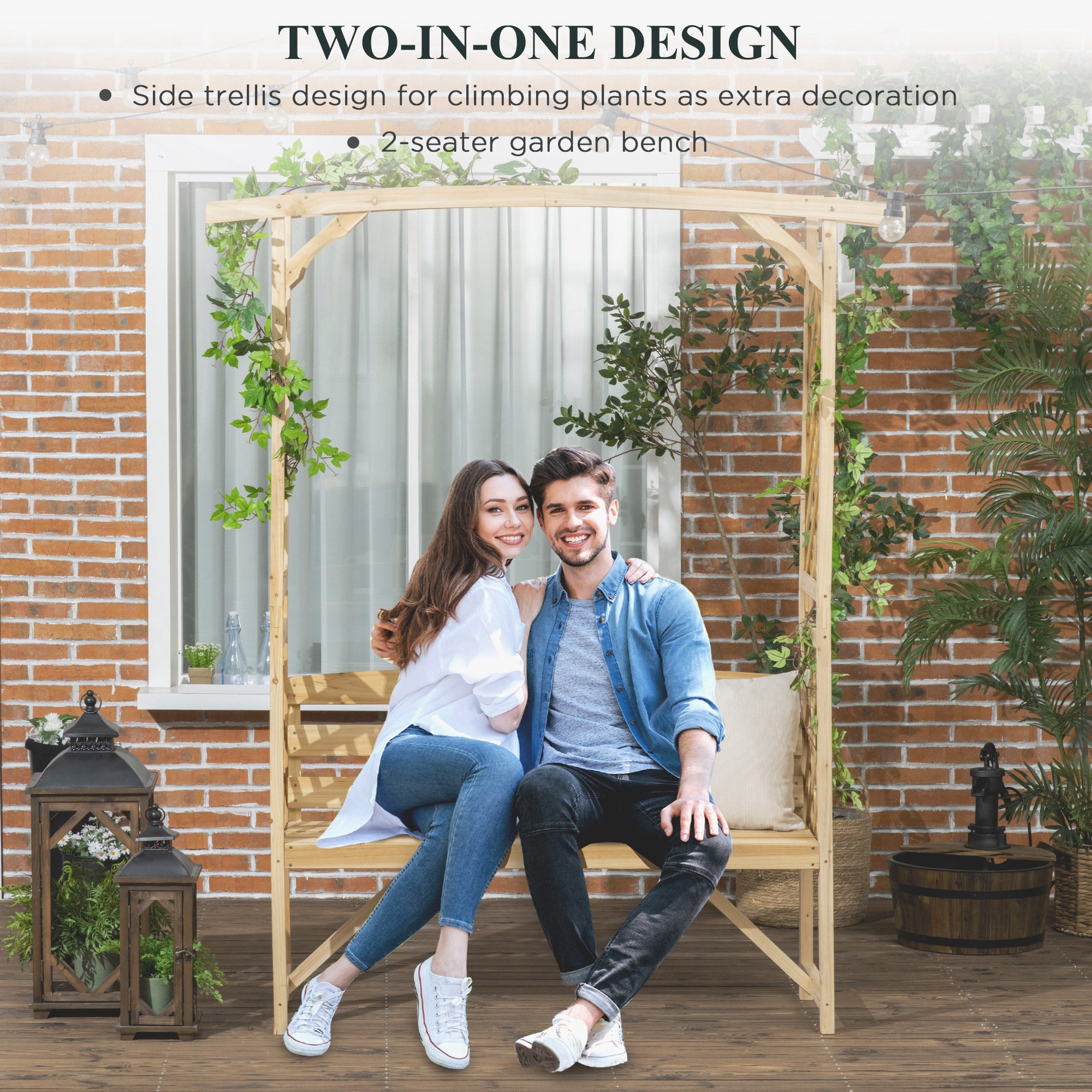 Patio Garden Bench Arbor Arch with Pergola and 2 Trellises, 3 Seat Natural Wooden Outdoor Bench for Grape Vines & Climbing Pl