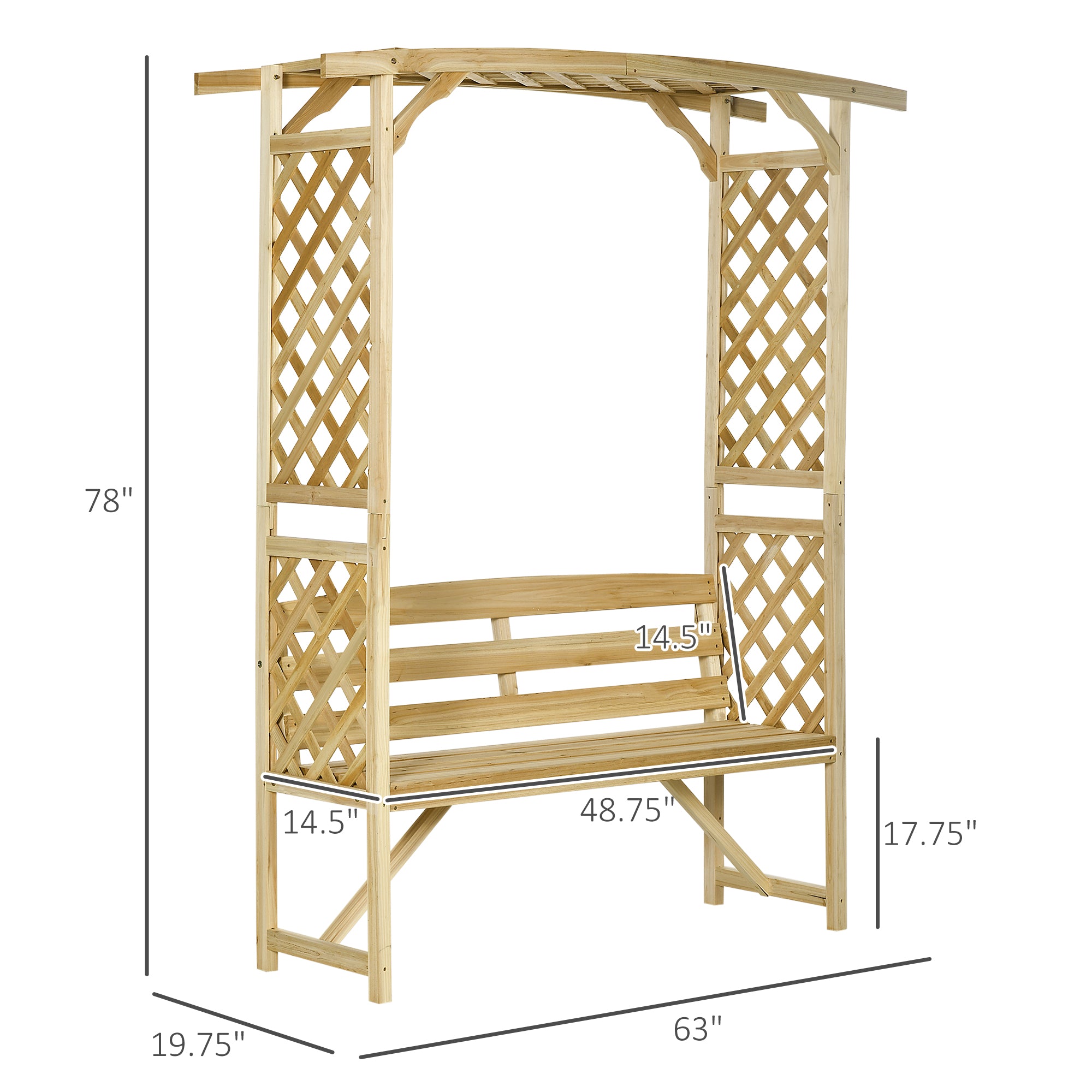 Patio Garden Bench Arbor Arch with Pergola and 2 Trellises, 3 Seat Natural Wooden Outdoor Bench for Grape Vines & Climbing Pl