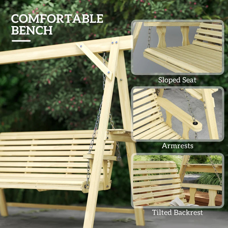 3-Seat Wooden Porch Swing with Stand & Side Tables - Outdoor Patio Swing