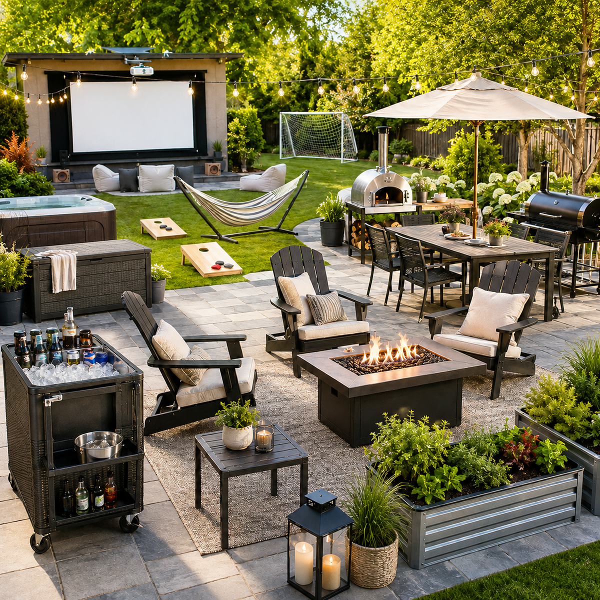 Backyard setup with fire pit, outdoor kitchen and entertainment products