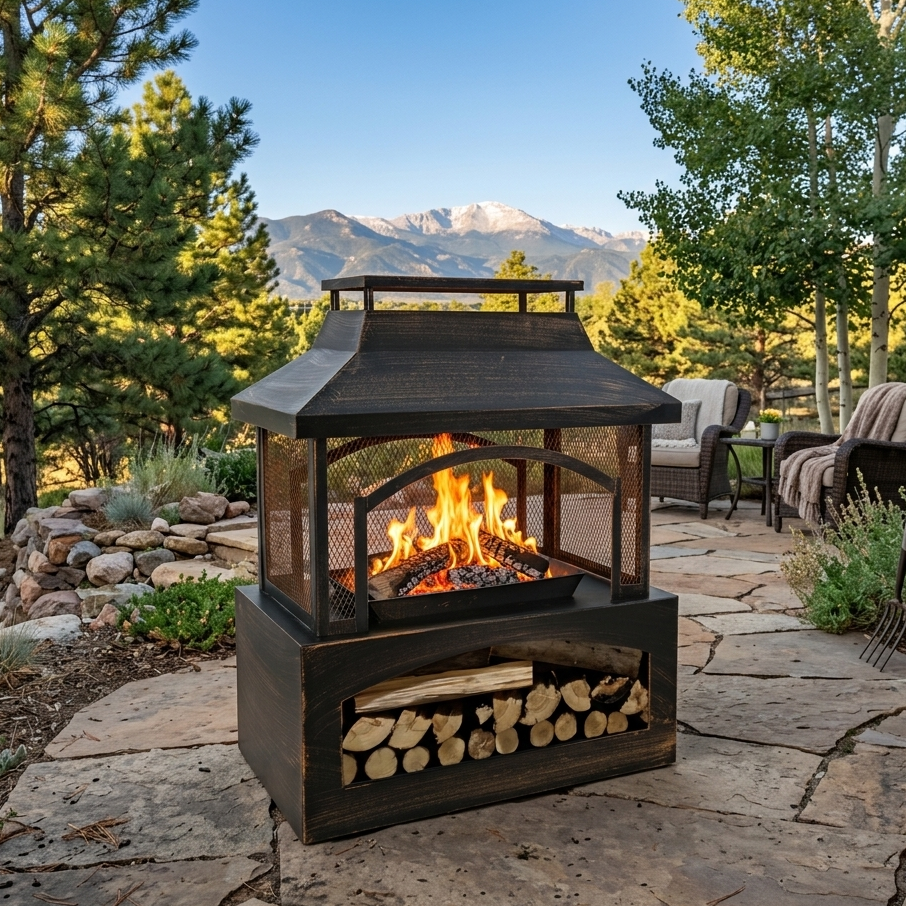 37-Inch Rectangular Metal Outdoor Wood Burning Fireplace - Outdoor Fireplace with Built-in Log Storage and Poker-Brushed Bron