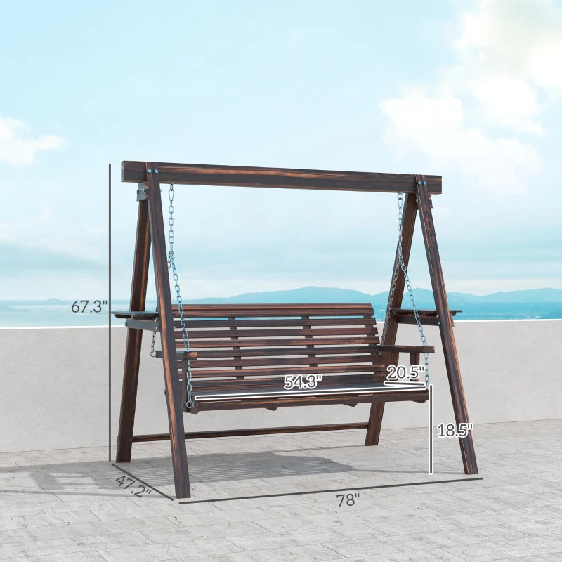 3-Seat Wooden Porch Swing with Stand & Side Tables - Outdoor Patio Swing