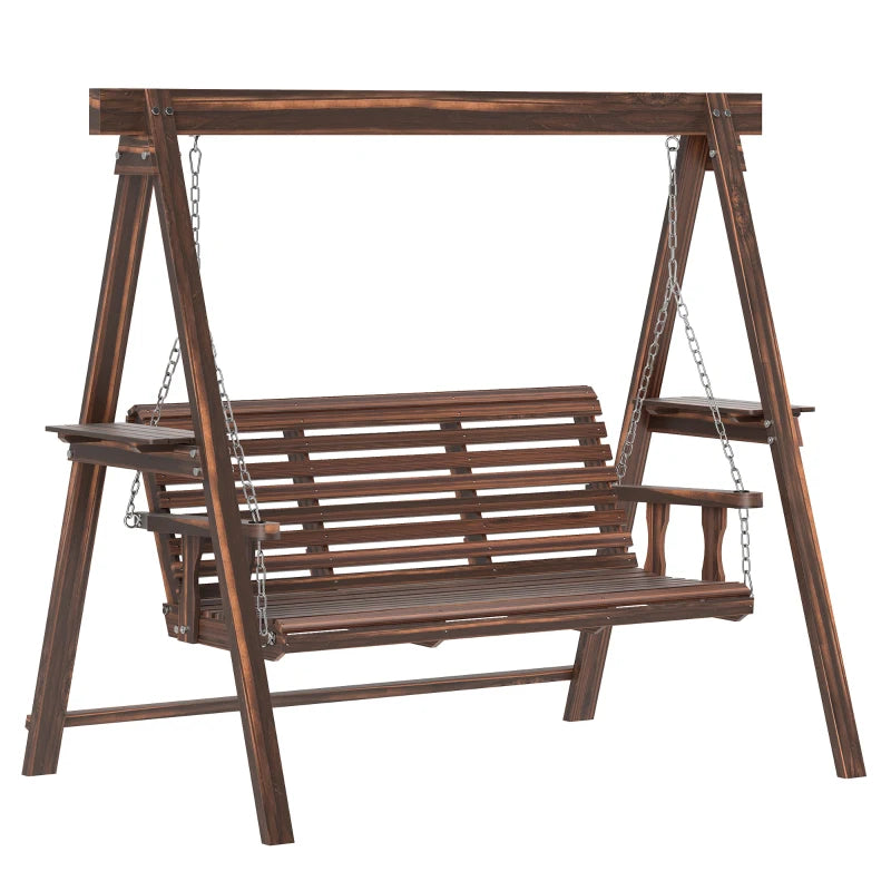 3-Seat Wooden Porch Swing with Stand & Side Tables - Outdoor Patio Swing