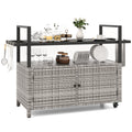 Outdoor Bar Cart Wicker Buffet Serving Cart with Cabinet and 8 Hooks