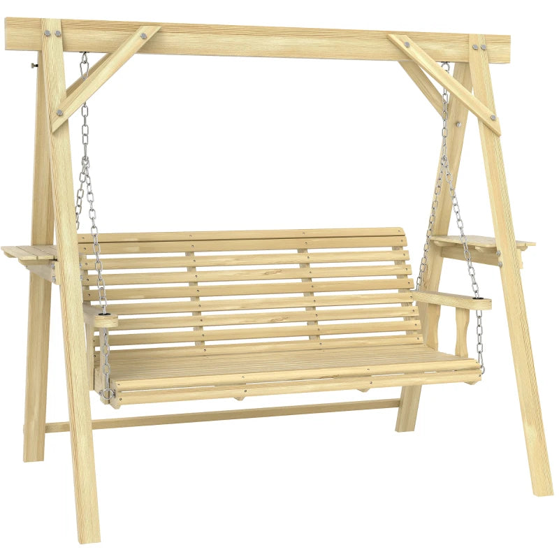 3-Seat Wooden Porch Swing with Stand & Side Tables - Outdoor Patio Swing