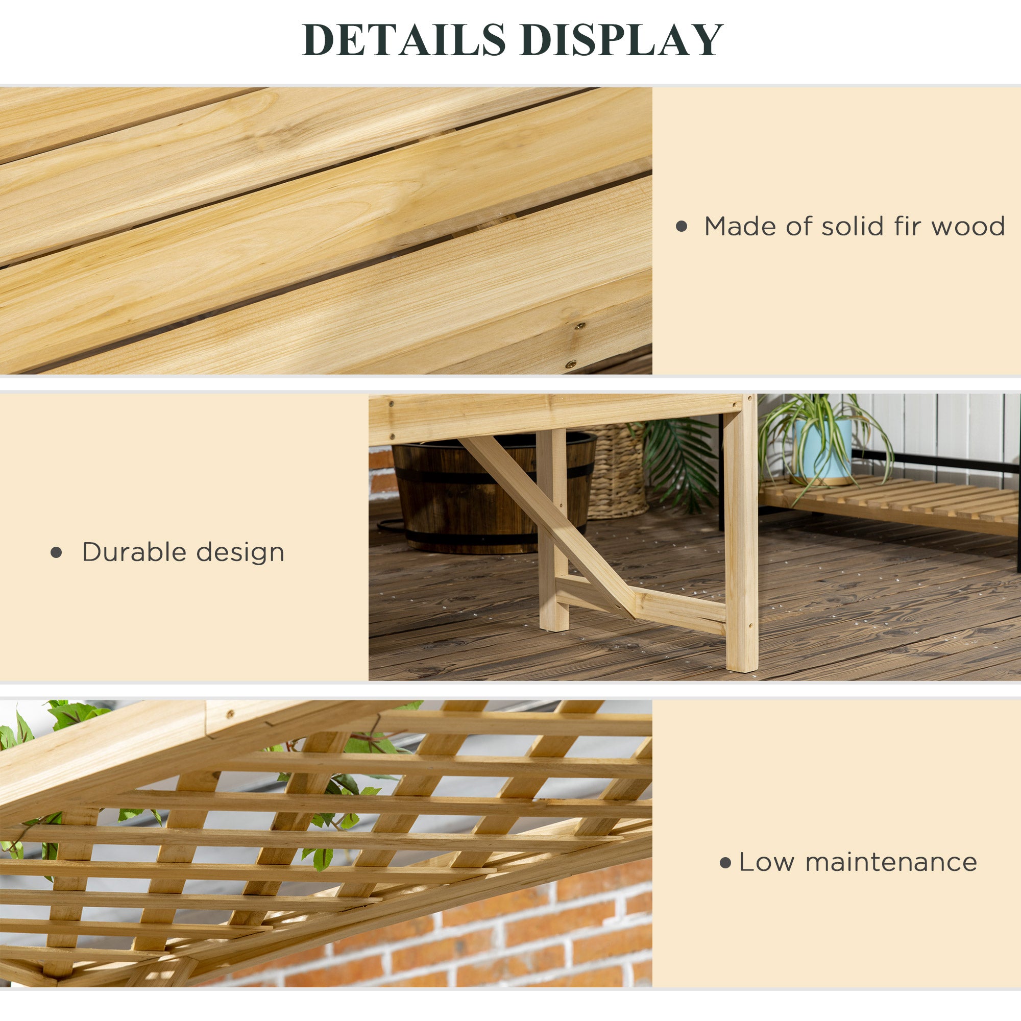 Patio Garden Bench Arbor Arch with Pergola and 2 Trellises, 3 Seat Natural Wooden Outdoor Bench for Grape Vines & Climbing Pl