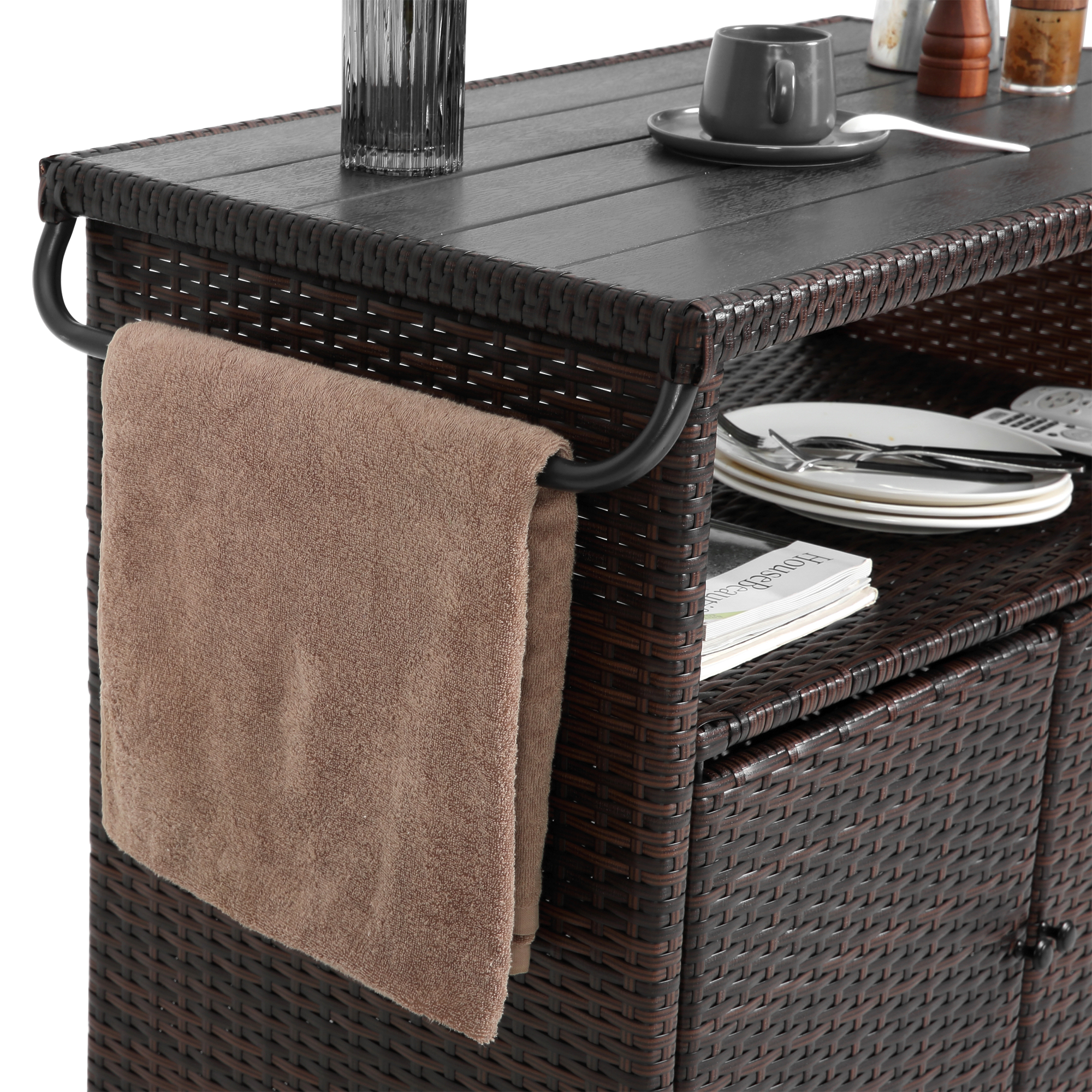 Outdoor Wicker Bar Cart, Patio Wine Serving Cart