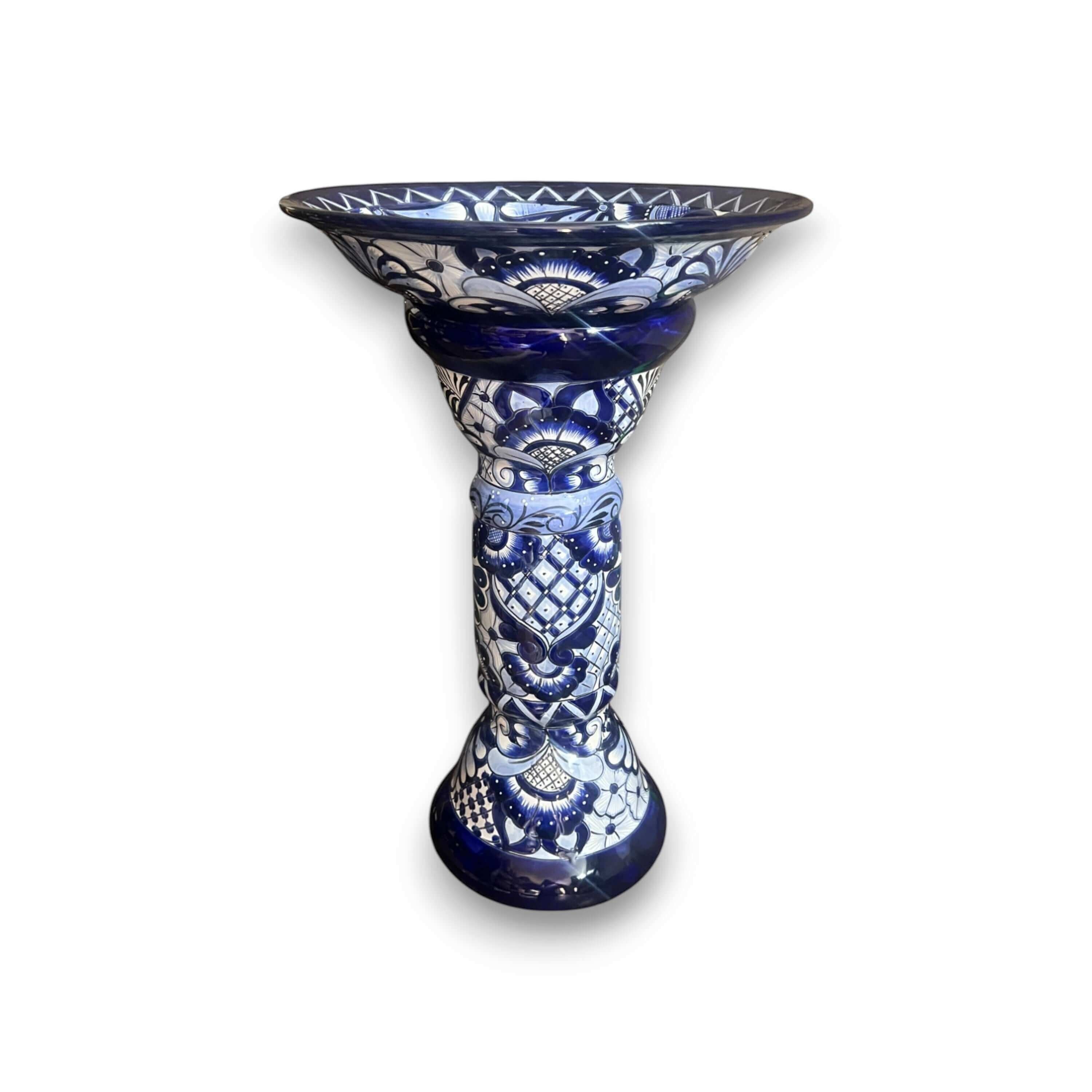 Blue & White Talavera Bird Bath | Mexican Garden Art