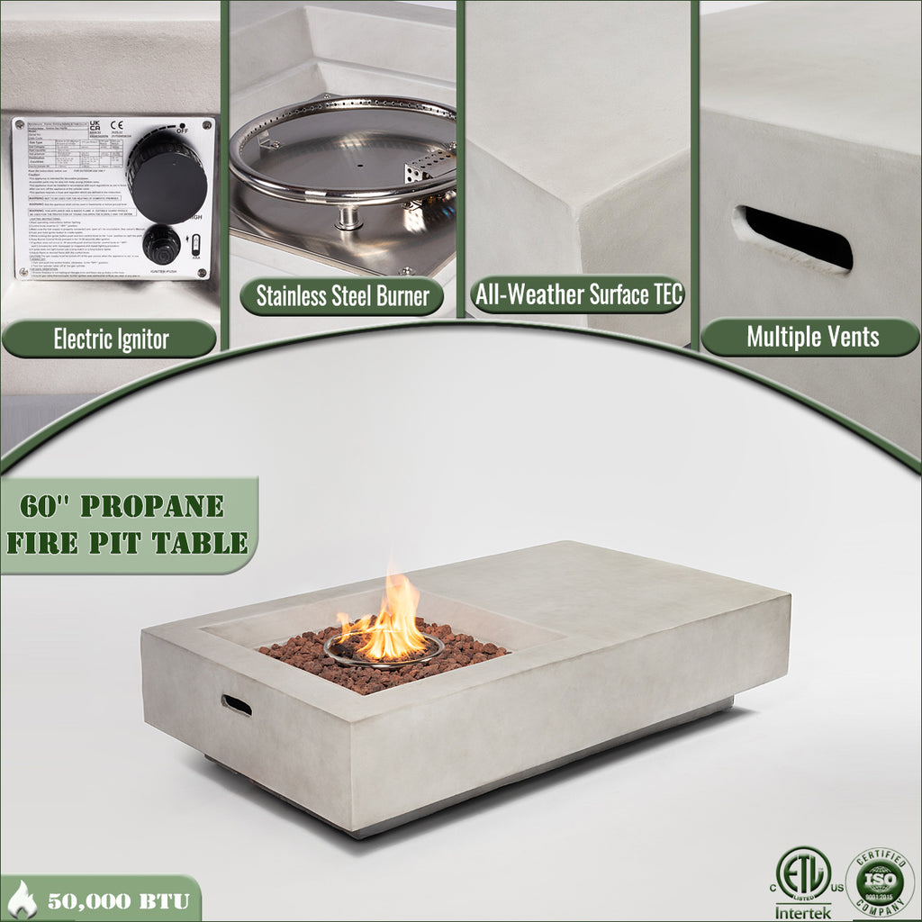 60" Propane Gas Outdoor Fire Pit Table, 50,000 BTU Rectangular Concrete Fire Pit for Patio & Backyard- Light Gray