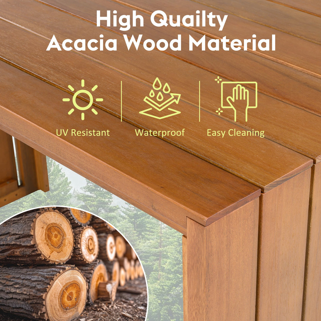 5 Piece Outdoor Bar Set, Patio Acacia Wood Bar Height Table & Four Stools with Cushions, Wood Dining Bar Set for Backyard, Poolside, Balcony, Beige Cushion and Natural Wood