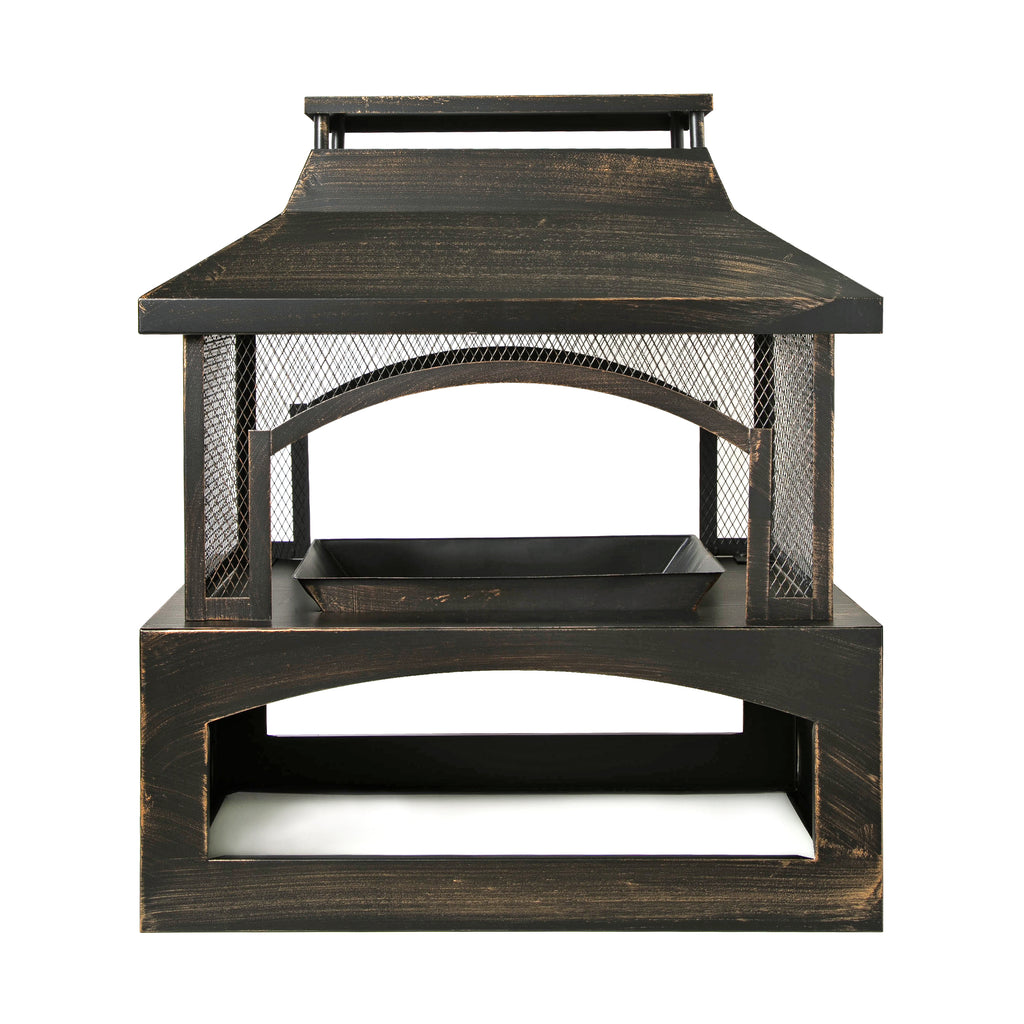 37-Inch Rectangular Metal Outdoor Wood Burning Fireplace - Outdoor Fireplace with Built-in Log Storage and Poker-Brushed Bron