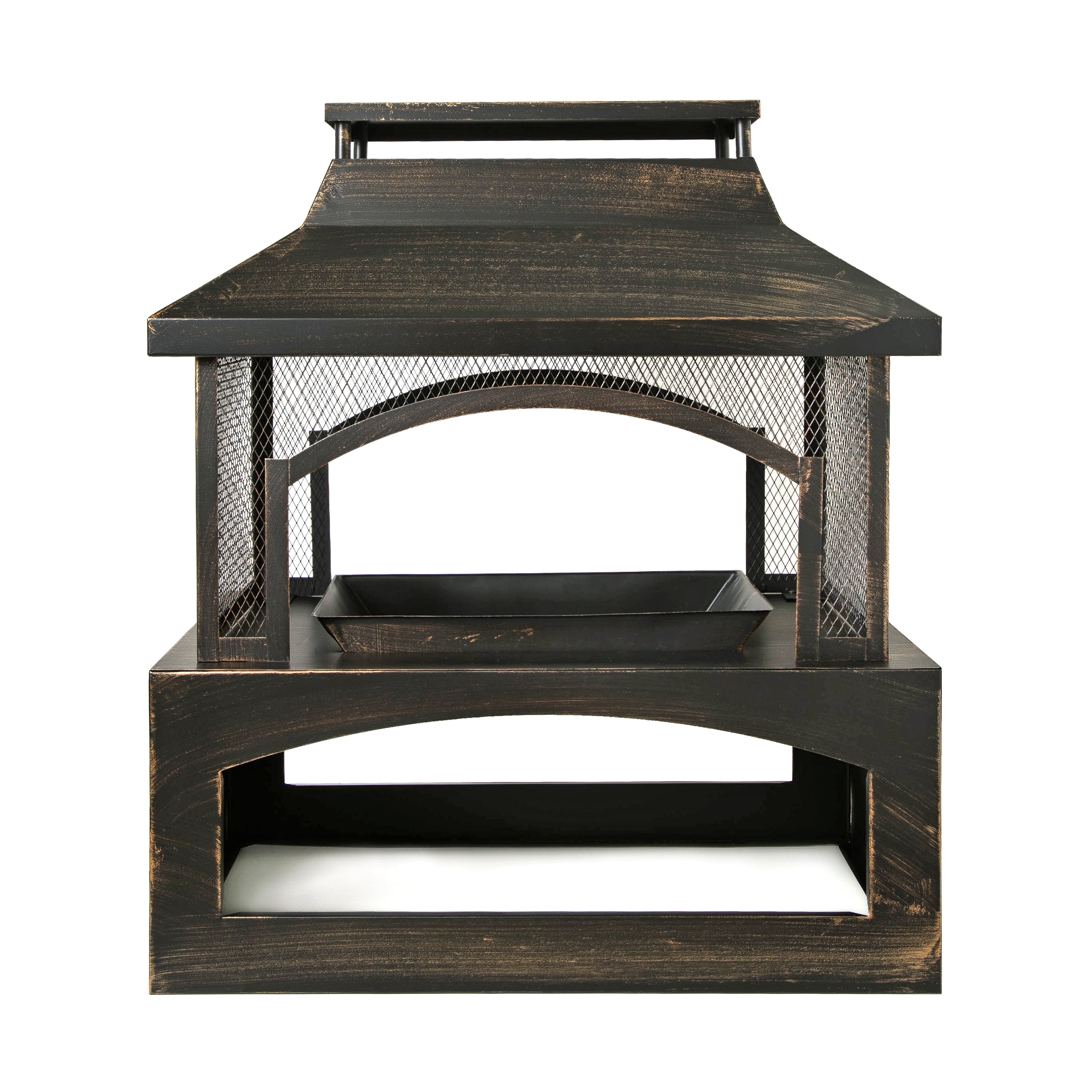 37-Inch Rectangular Metal Outdoor Wood Burning Fireplace - Outdoor Fireplace with Built-in Log Storage and Poker-Brushed Bron