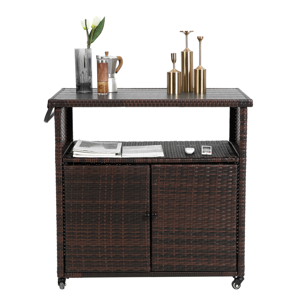 Outdoor Wicker Bar Cart, Patio Wine Serving Cart