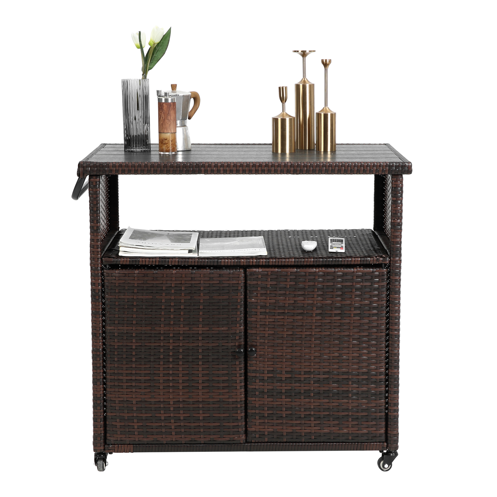 Outdoor Wicker Bar Cart, Patio Wine Serving Cart