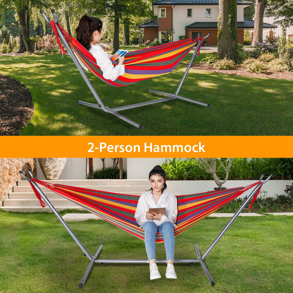 Brazilian Double Hammock 2-Person Steel Canvas Stand Hammock Bed w/ Portable Carrying Case For Patio Beach Yard 661 LBS Max Load