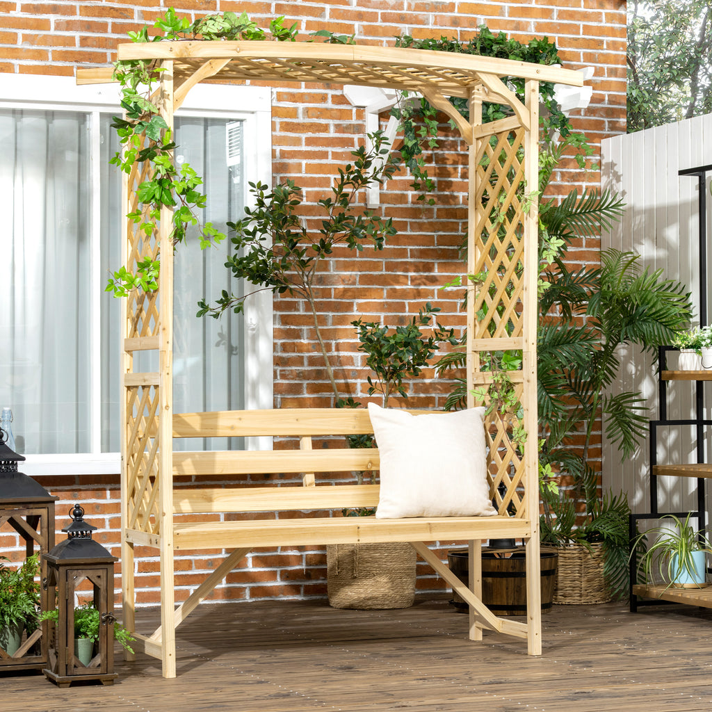 Patio Garden Bench Arbor Arch with Pergola and 2 Trellises, 3 Seat Natural Wooden Outdoor Bench for Grape Vines & Climbing Pl