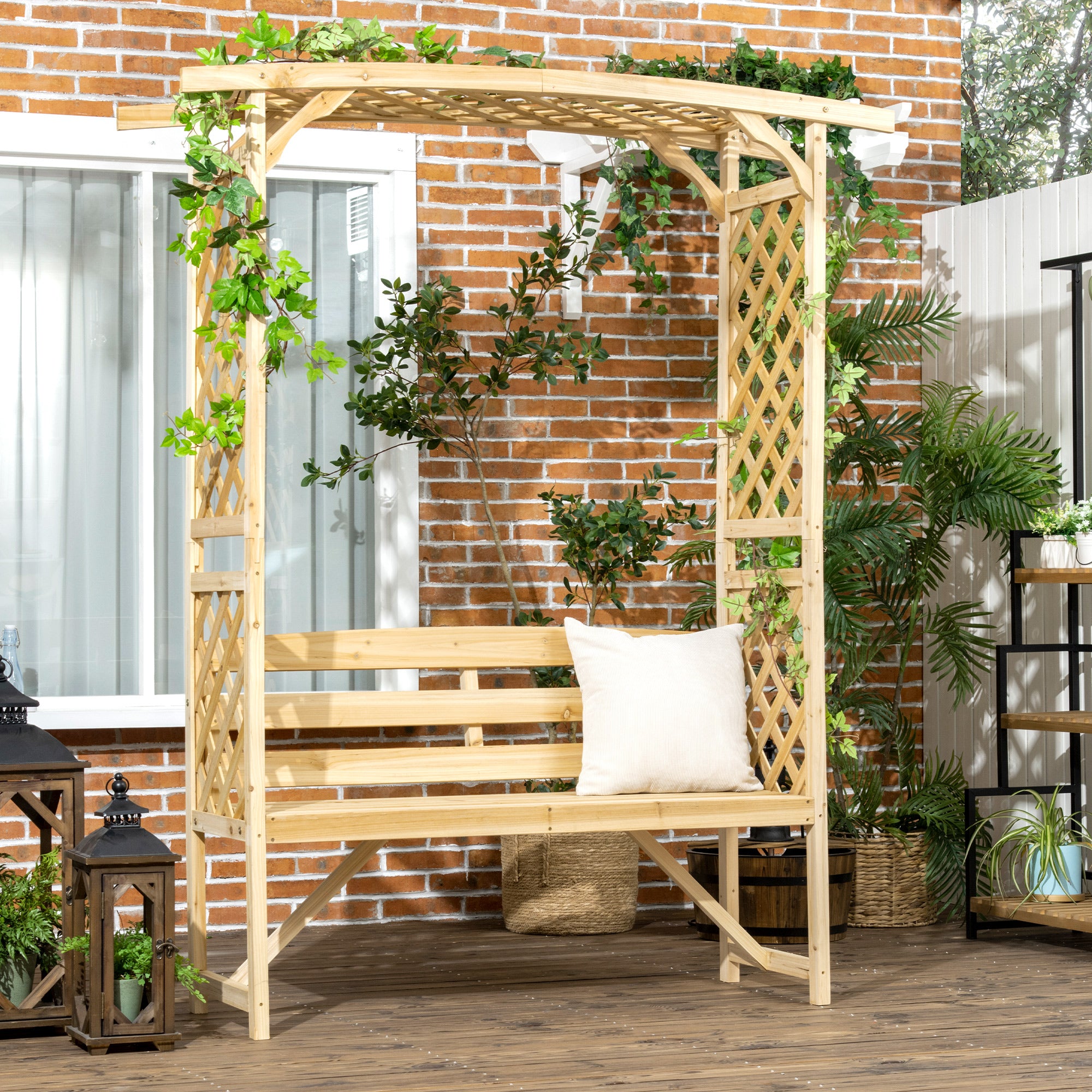 Patio Garden Bench Arbor Arch with Pergola and 2 Trellises, 3 Seat Natural Wooden Outdoor Bench for Grape Vines & Climbing Pl