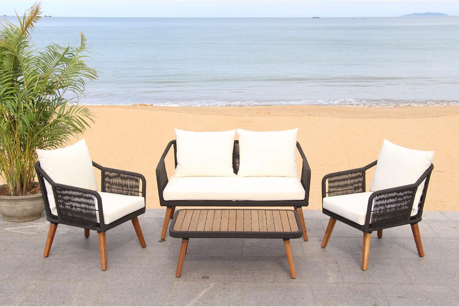 Outdoor Patio 4-Piece Eucalyptus Rope Furniture Set