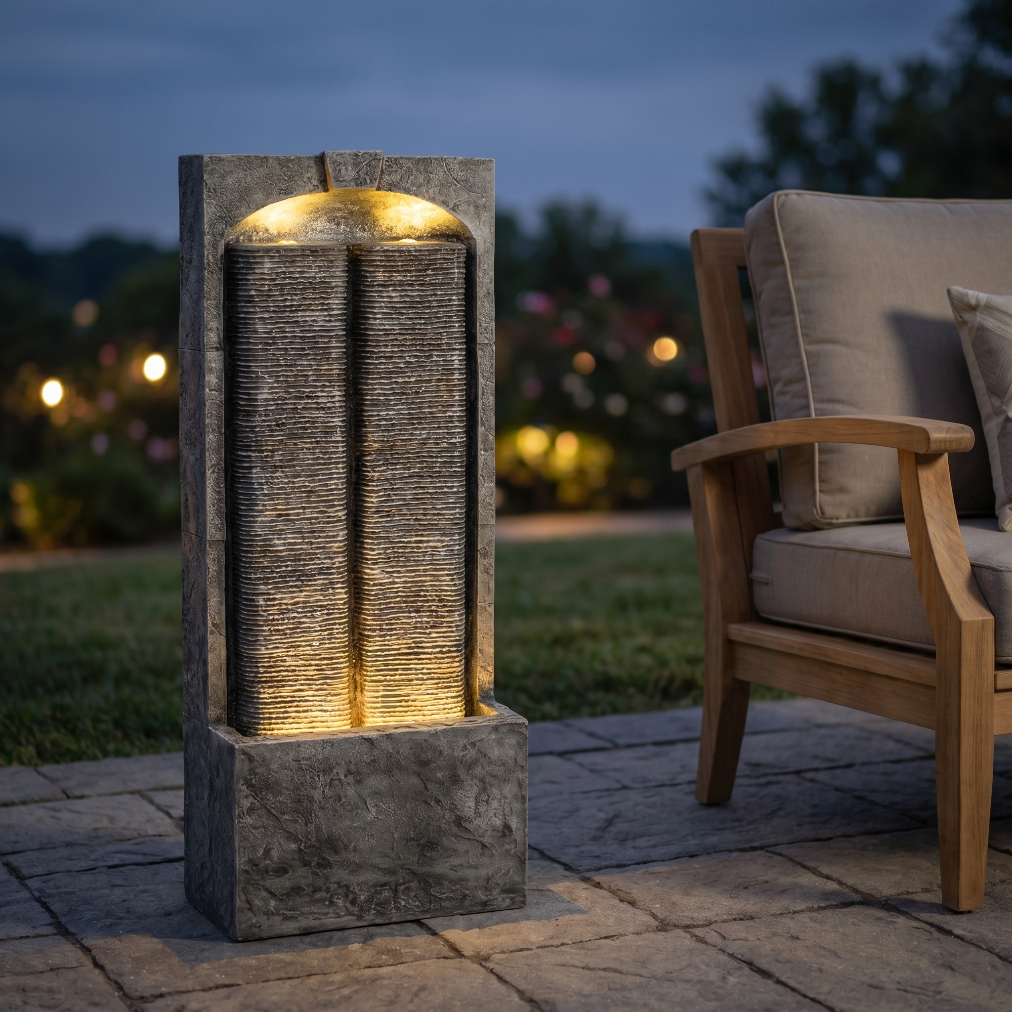 Outdoor Water Fountain with Cascading Lights