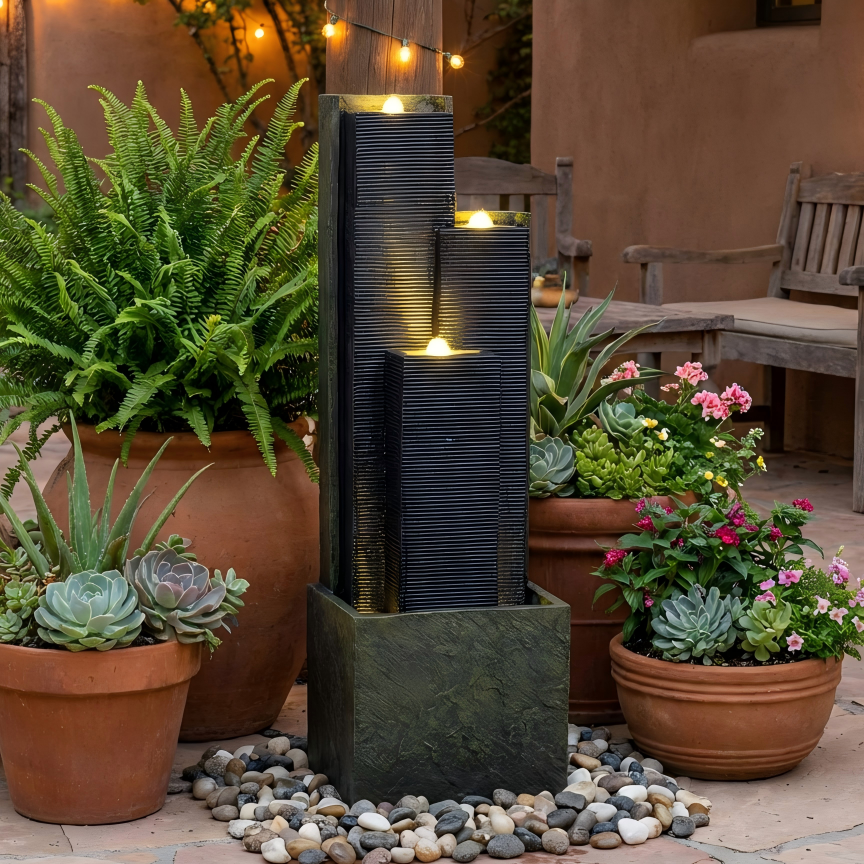 39'' H Outdoor Water Fountain with LED Lights