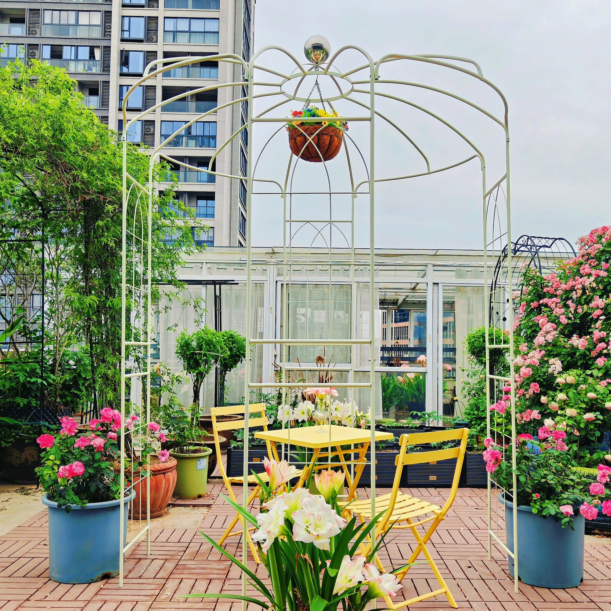 Metal Garden Arch Iron Garden Arbors Gazebo Diameter 81.3'' x 114.2'' High Birdcage Shape Pergola Pavilion for Wedding Ceremo
