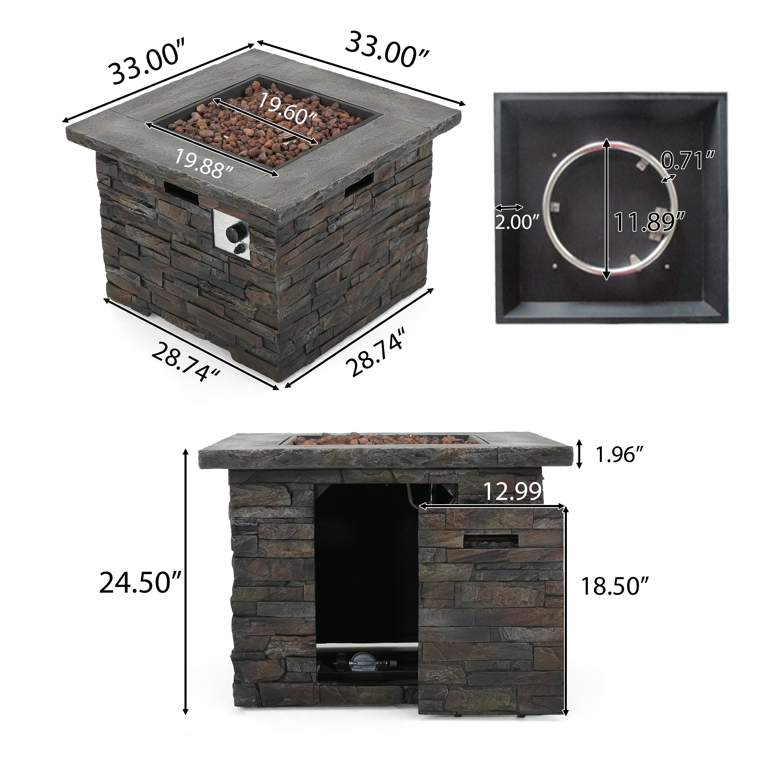 35" SQUARE MGO Outdoor Fire Pit - 40,000 BTU