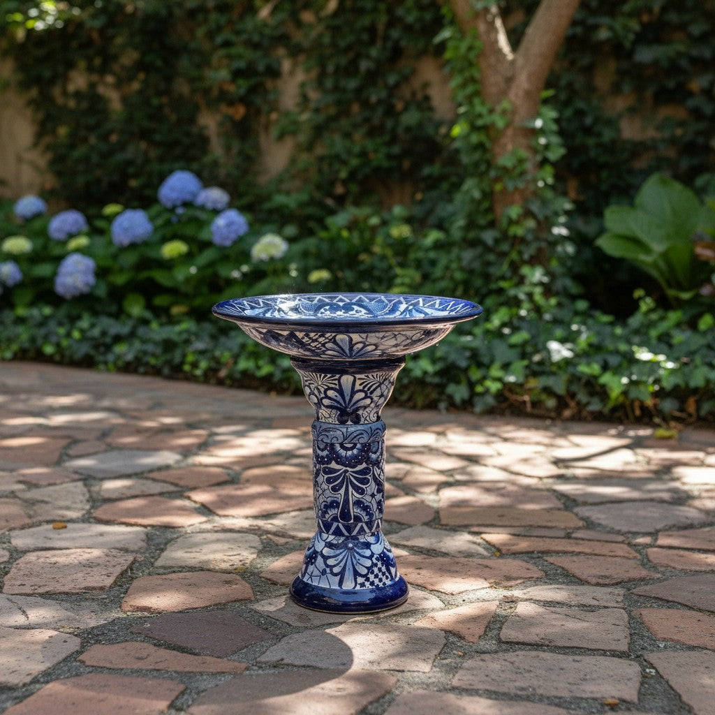 Blue & White Talavera Bird Bath | Mexican Garden Art
