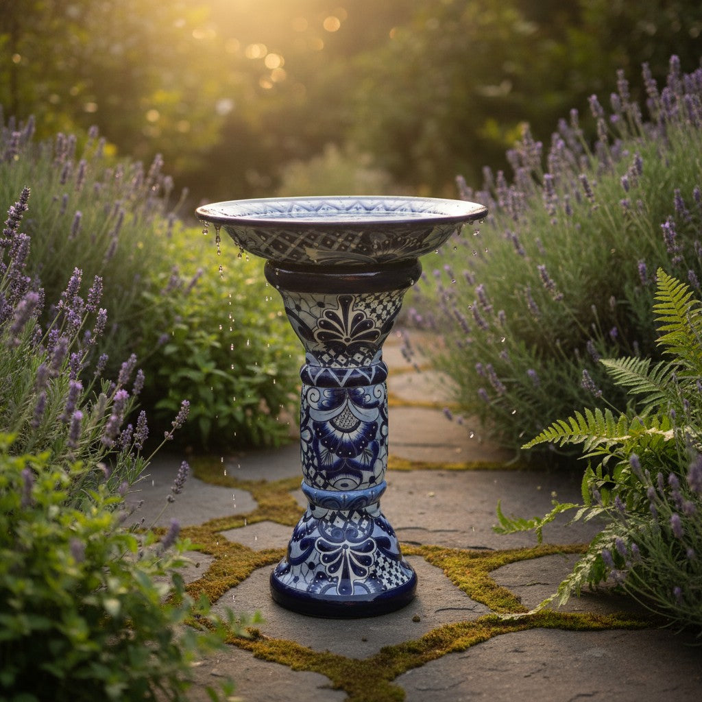 Blue & White Talavera Bird Bath | Mexican Garden Art