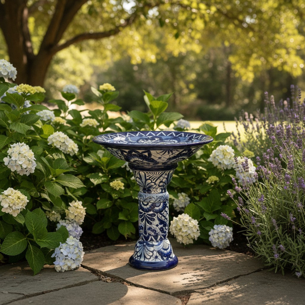 Blue & White Talavera Bird Bath | Mexican Garden Art